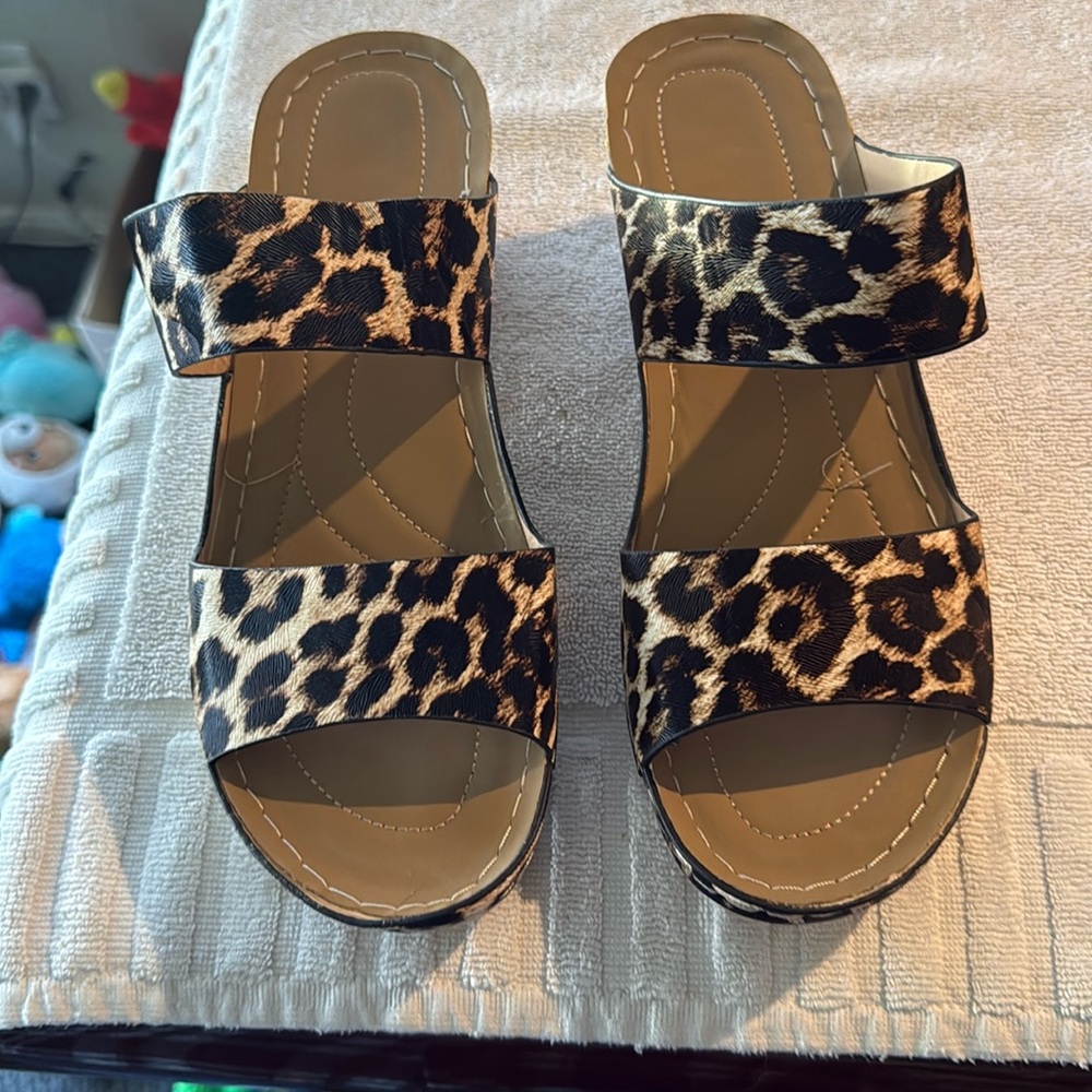 Leopard Print Double-Strap Wedge Sandals - Women 9